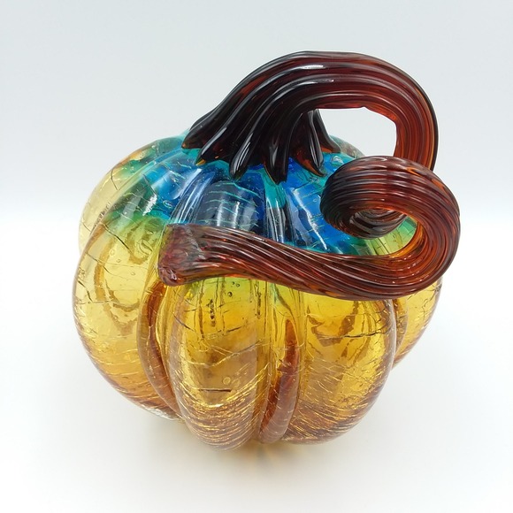 2 Hand Blown Artisanal Cracle Glass Pumpkin Gourd Blue‎ Amber Desk Art - Picture 5 of 12